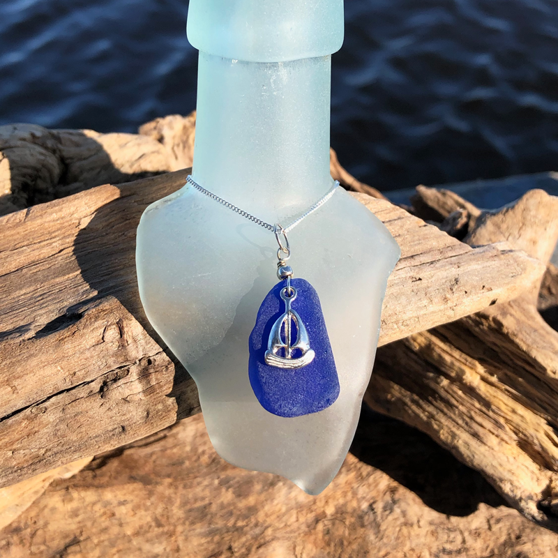 Cobalt Blue Sea Glass with Sailboat Charm Necklace