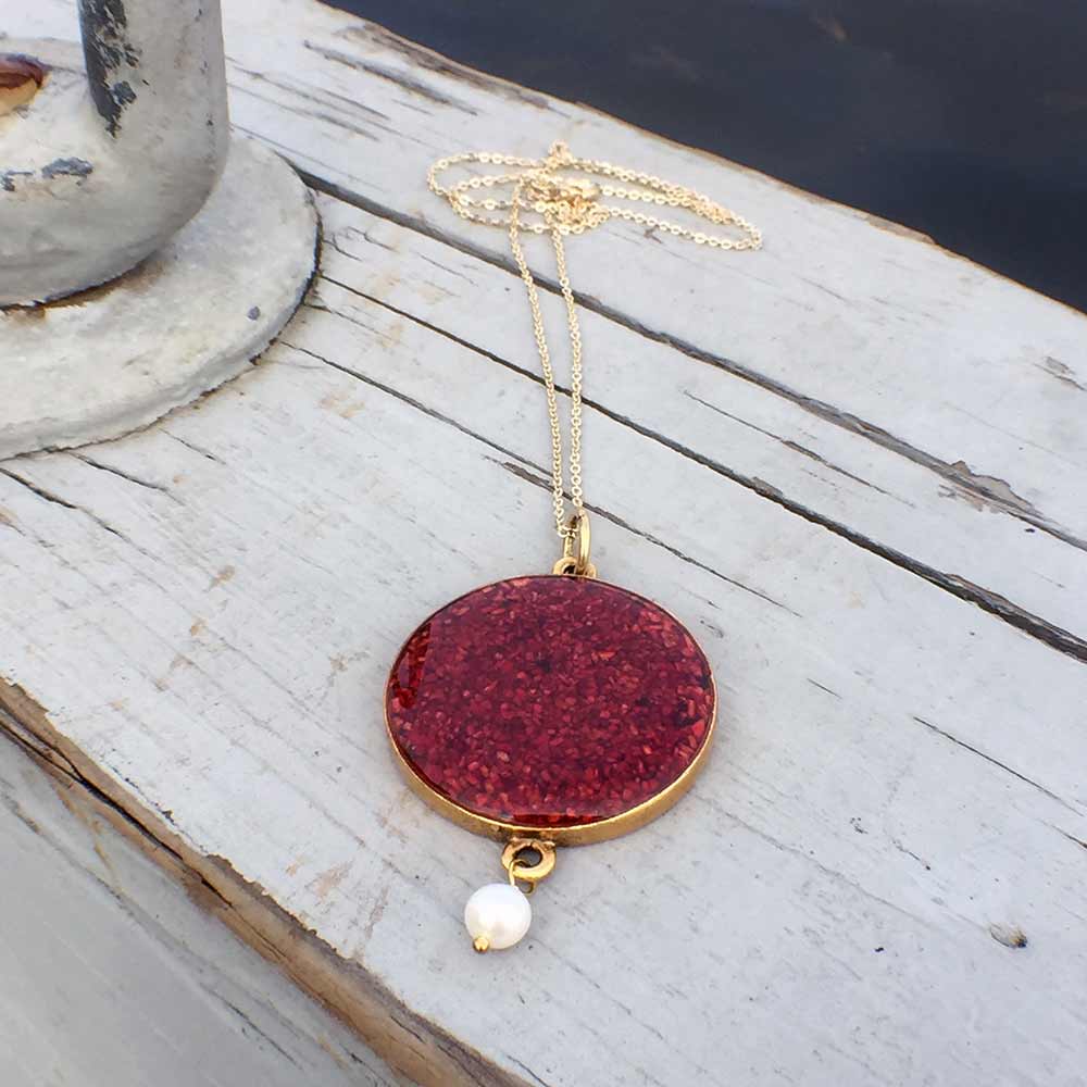 Crushed Lobster Shell Large Gold Pendant With Pearl Necklace