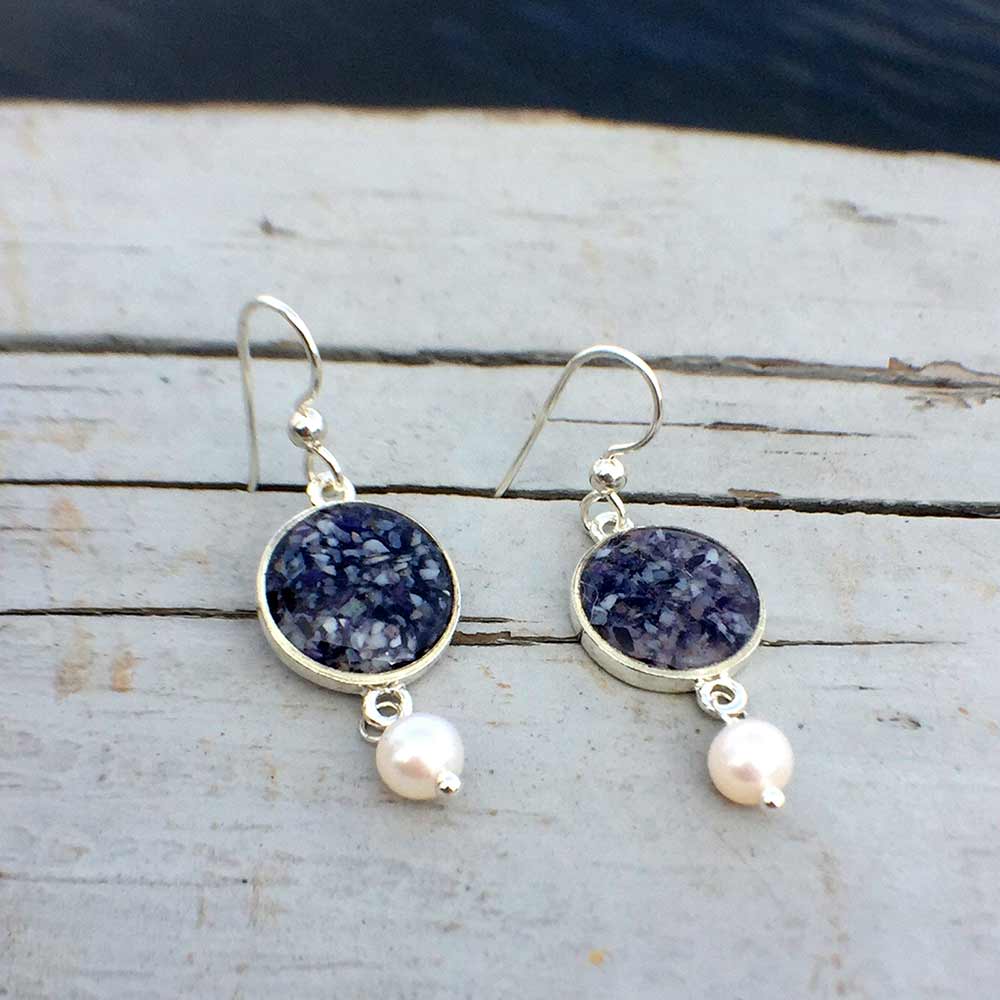 Crushed Mussel Shell Silver Earrings with Pearl