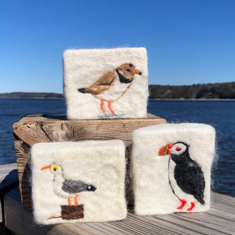 Alpaca Fleece, Felted Soaps with puffin, seagull and sandpiper.