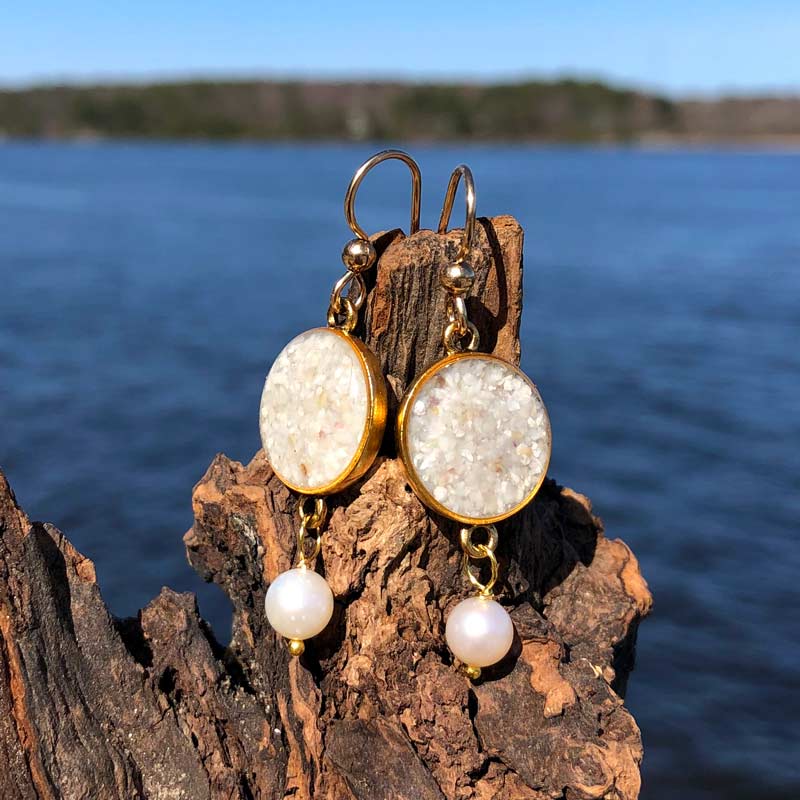 14K Gold Plated Crushed Oyster Shell Silver Earrings with Pearl