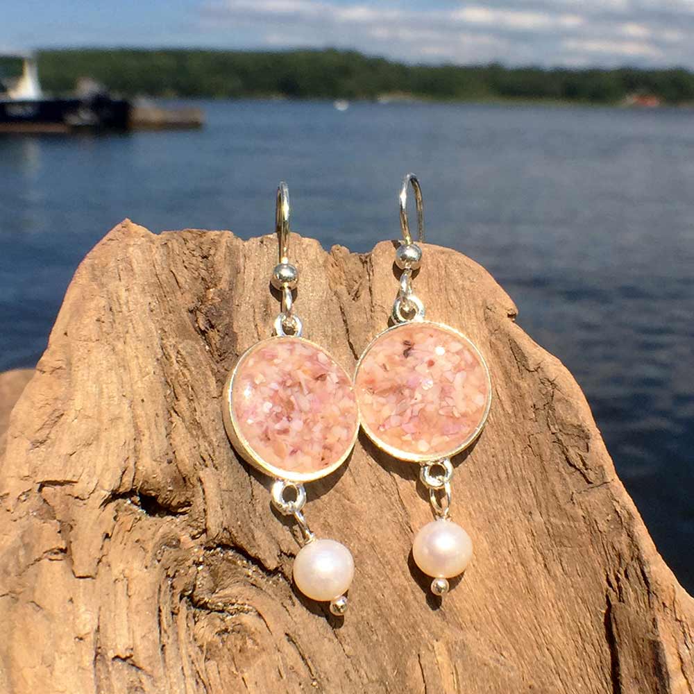 Crushed Oyster Shell Silver Earrings with Pearl