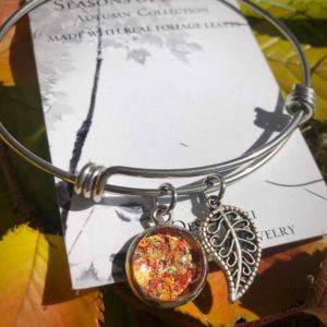 Fall Foliage Bangle Bracelet with Filigree Leaf Charm