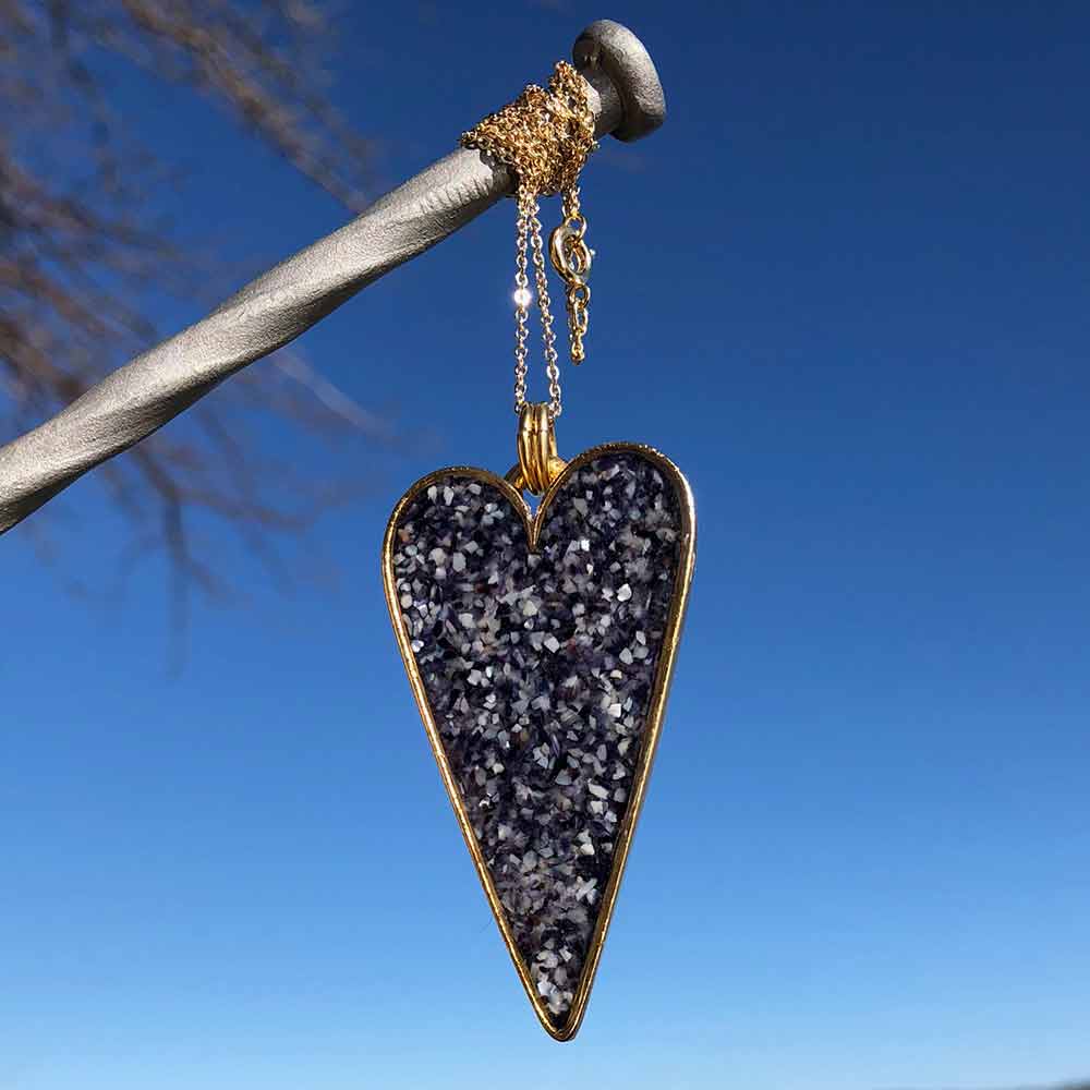 Crushed, Mussel Shell, Gold, Heart Necklace.