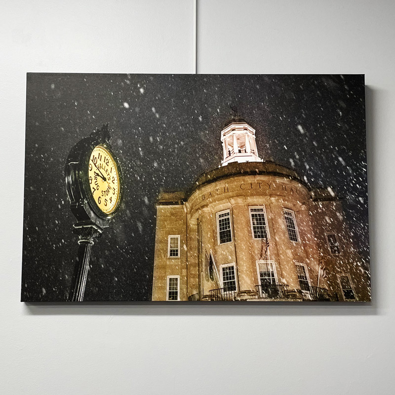 Canvas of Bath, Maine City Hall on a snowy night by Benjamin Williamson