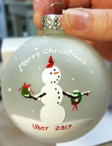 Beth Doan Maine Artist Custom 2017 Ornament Snowman with Cardinal, Present and Wreath - "Uber 2017"
