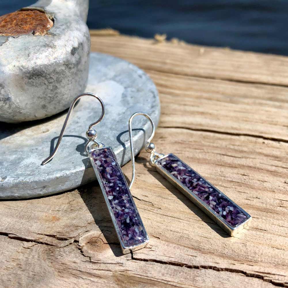 Crushed Mussel Shell Silver Rectangle Earrings