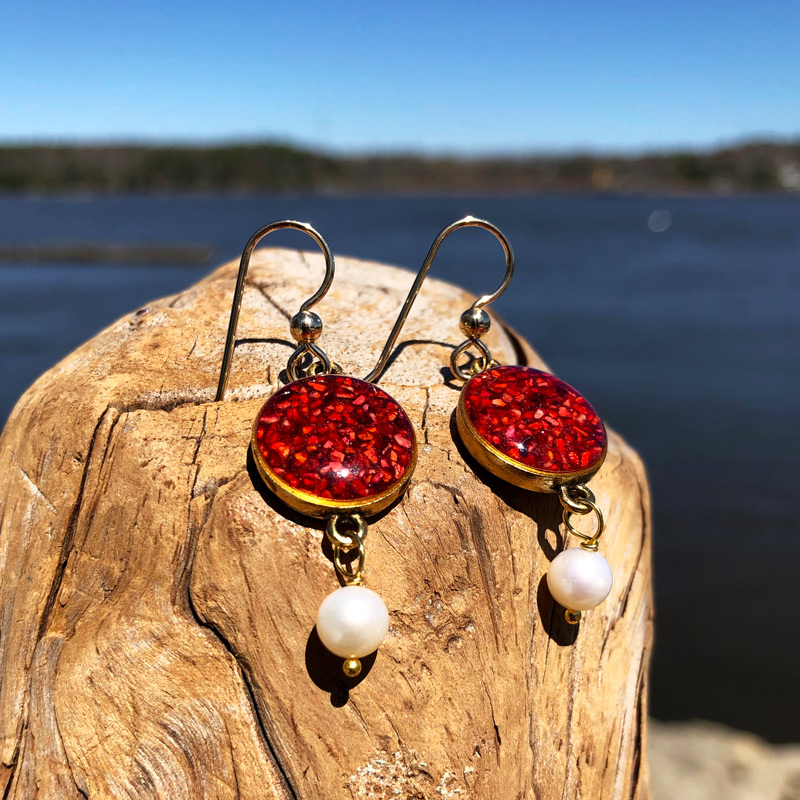 Crushed Lobster Shell Gold Earrings with Pearl