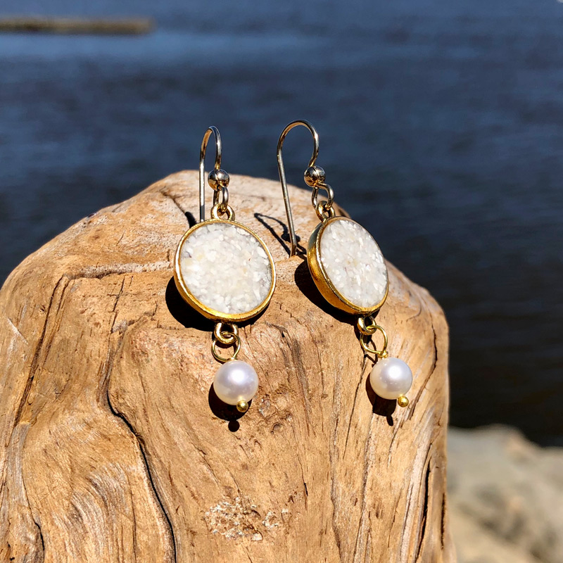 Crushed Oyster Shell Silver Earrings with Pearl