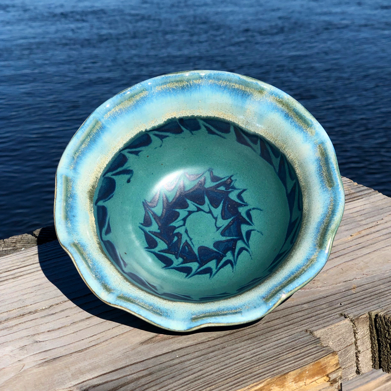 Ruffled Bowl in Peacock Glaze by Unity Pond Pottery