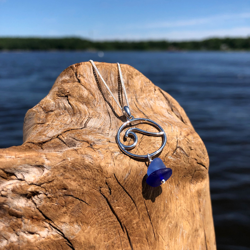 Stacked Sea Glass Wave Necklace - Light Blue, Cobalt Blue