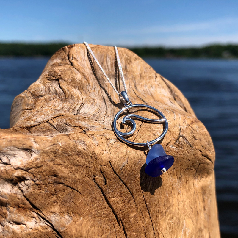 Stacked Sea Glass Wave Necklace - Light Blue, Cobalt Blue