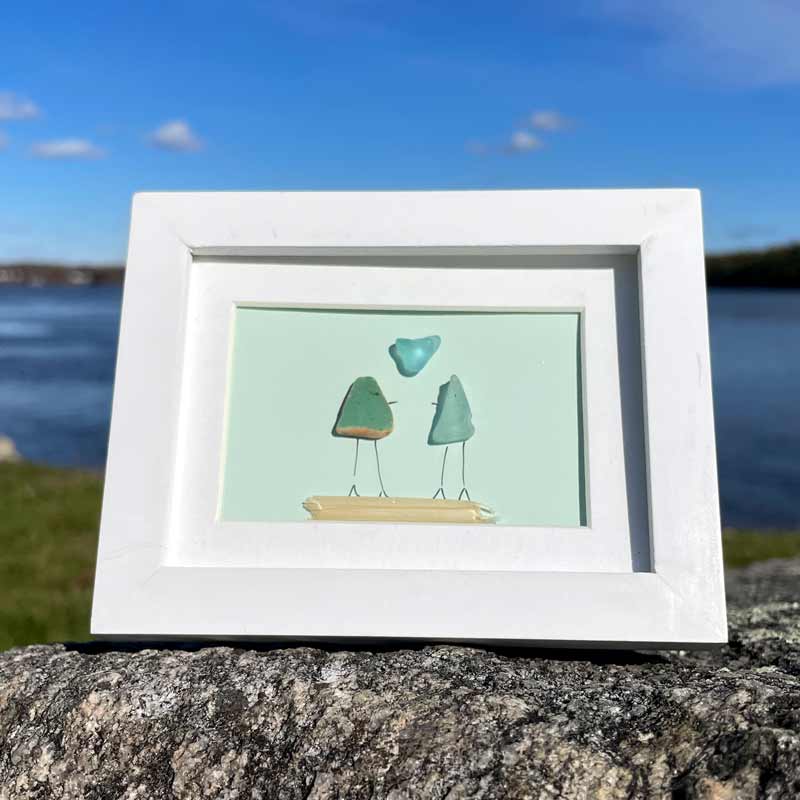 Sea Glass Love Birds with Light Teal Sea Glass Heart on Light Green Background