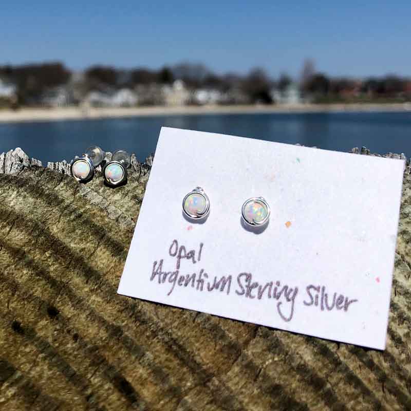 White Opal Studs wrapped in Argentium Sterling Silver