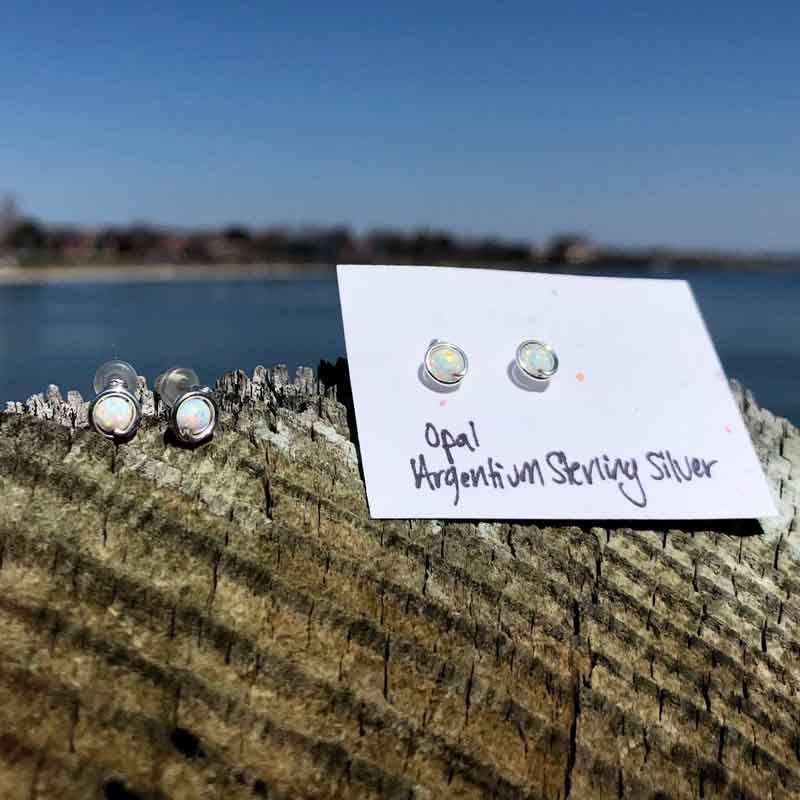 White Opal Studs wrapped in Argentium Sterling Silver