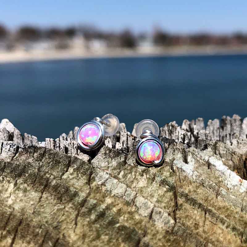 Pink Opal Studs wrapped in Argentium Sterling Silver