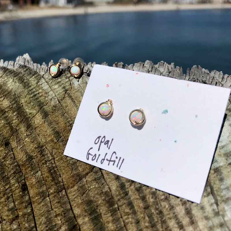 White Opal Studs wrapped in Gold Fill