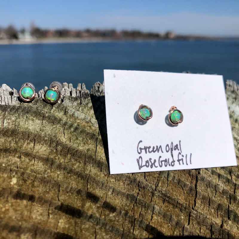 Green Opal Studs wrapped in Rose Gold Fill