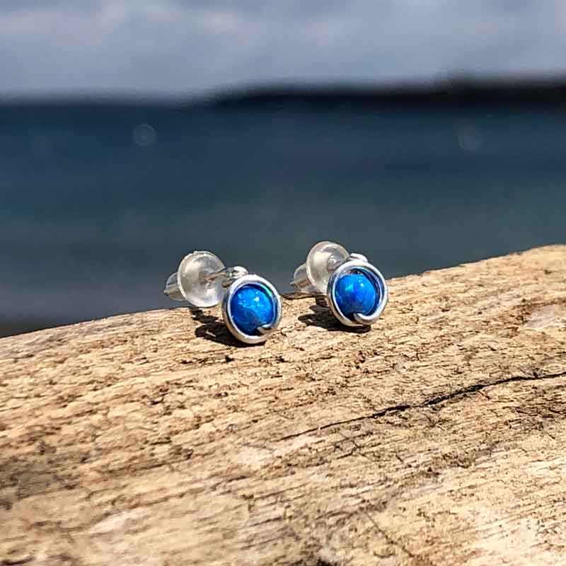 Blue Opal Studs wrapped in Argentium Sterling Silver