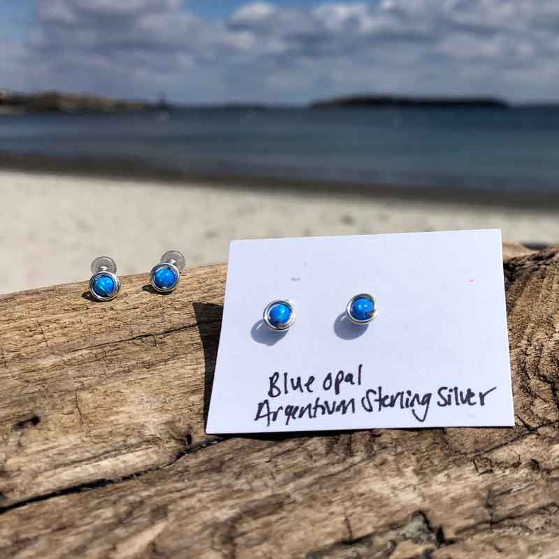 Blue Opal Studs wrapped in Argentium Sterling Silver