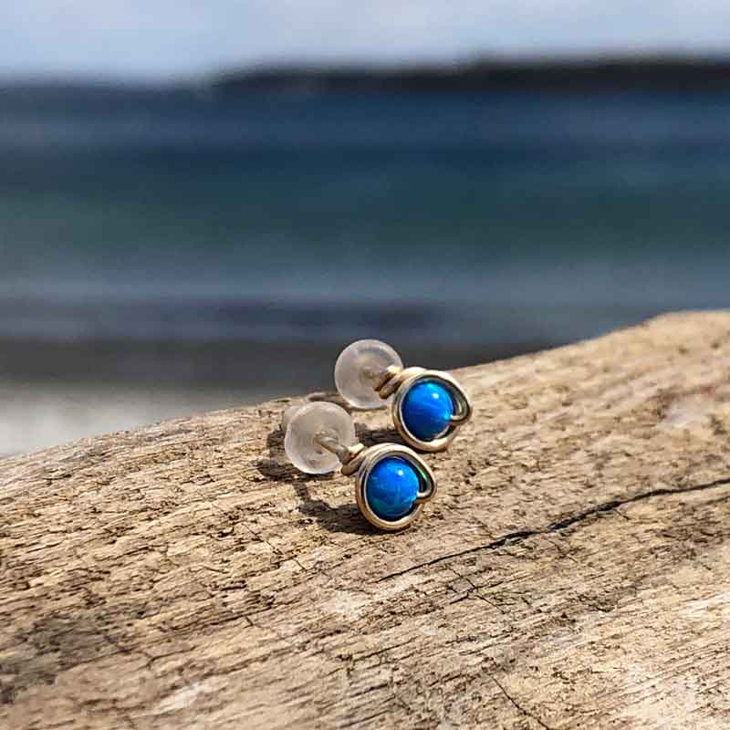 Blue Opal Studs wrapped in Gold FIll