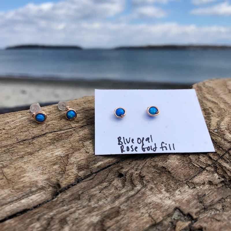 Blue Opal Studs wrapped in Rose Gold Fill