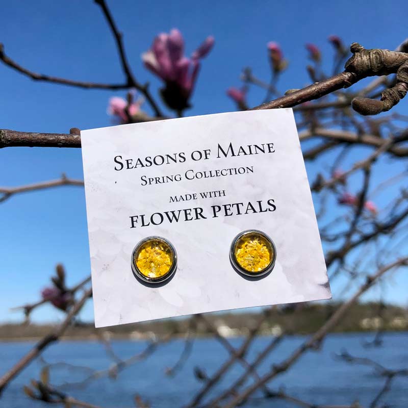 Yellow, Rose, Flower Petal Earrings, hanging in a tree by the ocean.