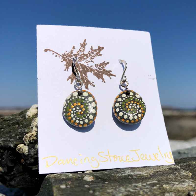 Olive Gold & White, Dot, Hand Painted, Beach Stone, Earrings.