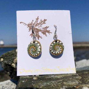 Olive Gold & White, Dot, Hand Painted, Beach Stone, Earrings.