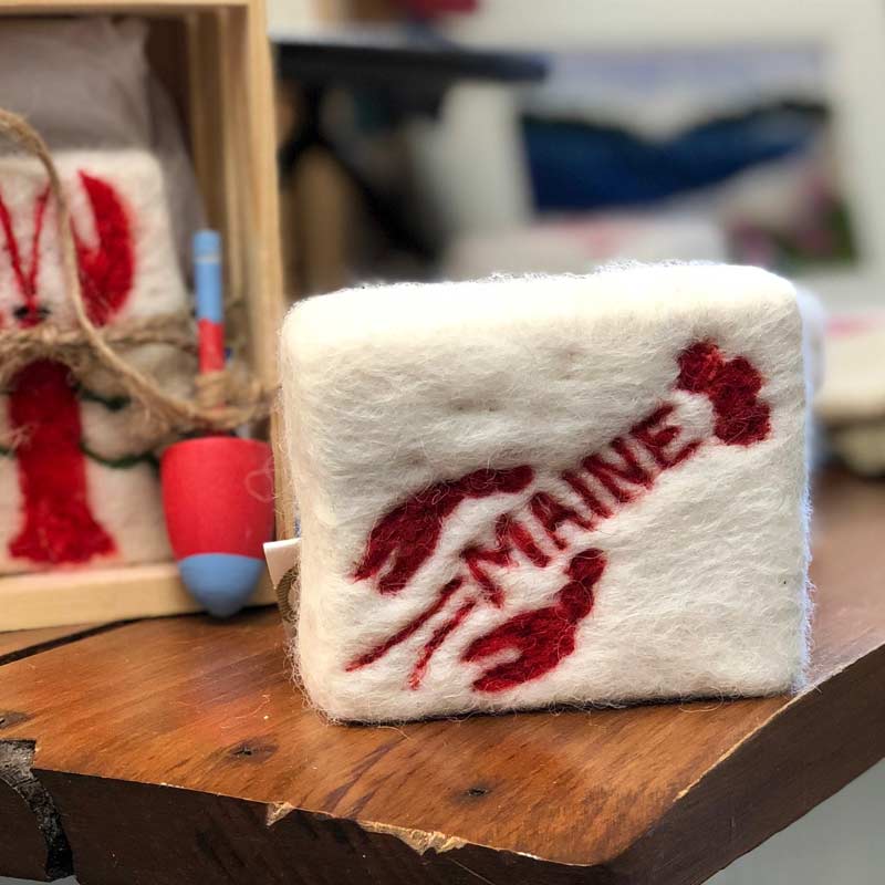 Alpaca Fleece, Felted Soap, with a Maine Lobster on it.