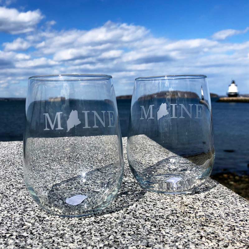 Maine Etched, Stemless Wine Glass.