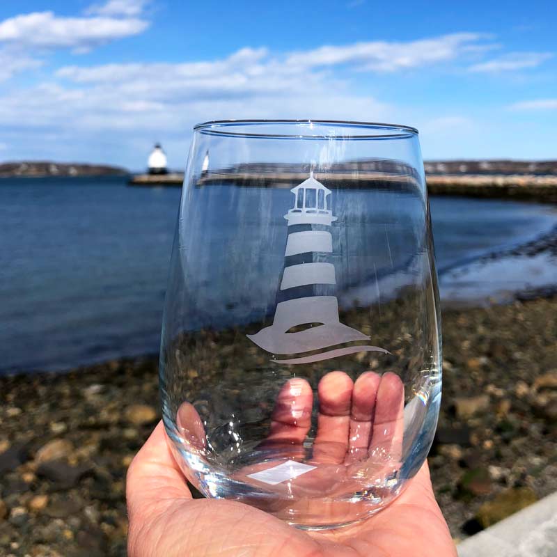 Lighthouse Etched, Stemless, Wine Glass.