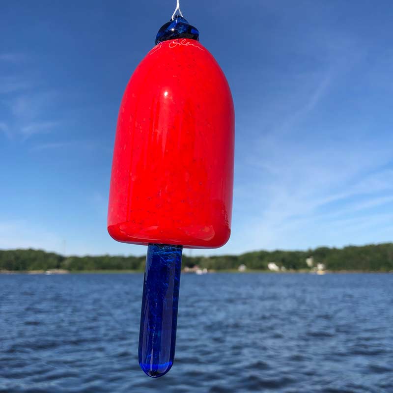 Red Body with Cobalt Blue Spindle Blown Glass Lobster Buoy