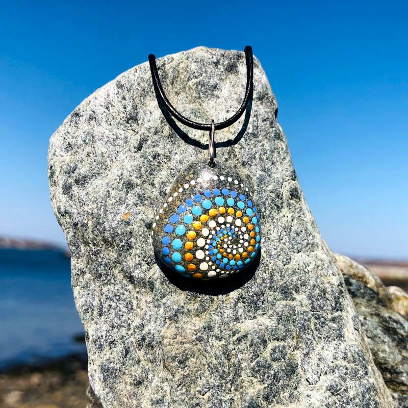 Teal & Gold Dot Beach Stone Necklace