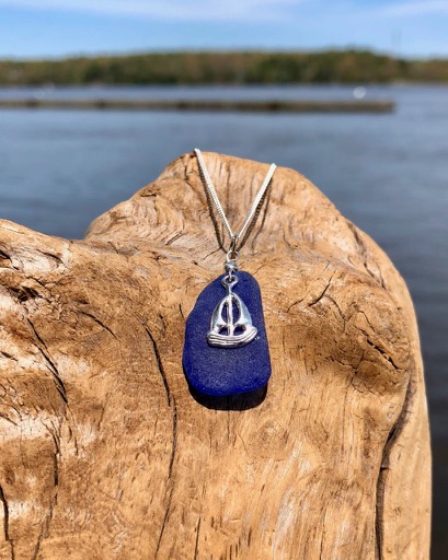 Cobalt Blue Sea Glass with Sailboat Charm Necklace