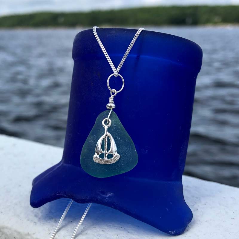 Nautical Sea glass Jewelry SET Sailboat OPAQUE GREEN,BLACK Necklace & Earrings 