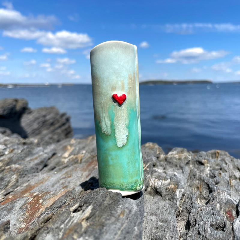 Green Bud Vase with Heart by Devenney Pottery