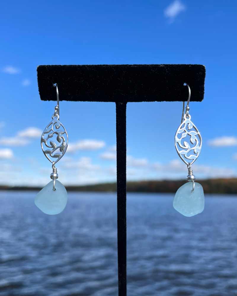 Silver Filigree Sea Glass Drop Earrings