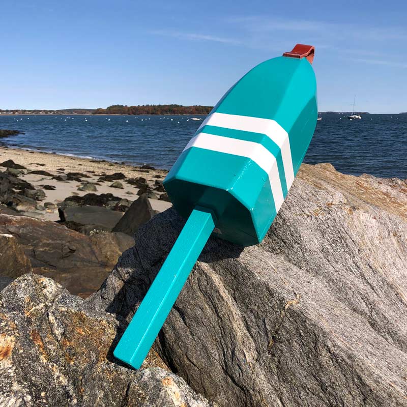 Large Glossy Teal with Two Thin White Stripes Buoy with Leather
