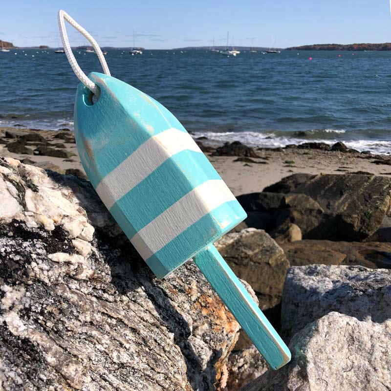 Small Distressed Sea Foam with White Stripe Lobster Buoy with Rope