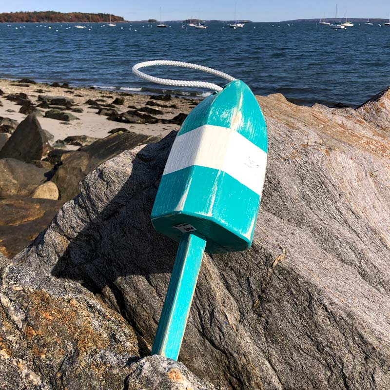 Small Distressed Teal with White Stripe Buoy with Rope