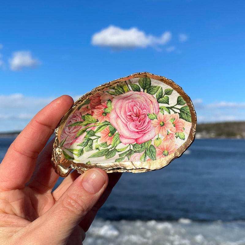 Rose & Coreopsis Oyster Shell Ring Dish