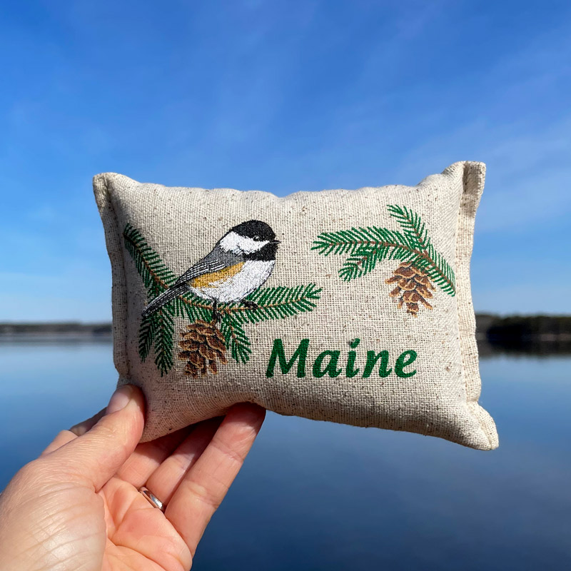 Chickadee on Balsam Bough Maine Balsam Pillow