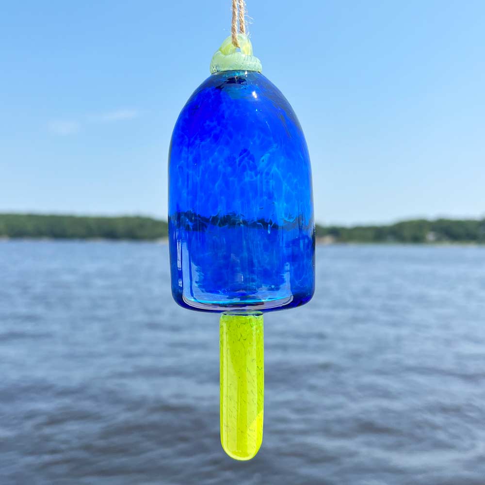 Cobalt Blown Glass Buoy with Chartreuse Spindle