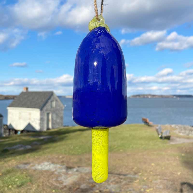 Cobalt Blue Blown Glass Buoy with Yellow Spindle