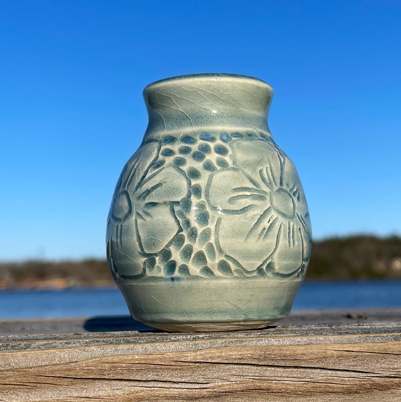 Sea Foam Carved Tiny Vase by Westport Island Pottery