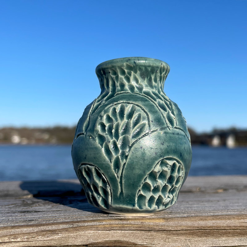 Deep Teal Carved Tiny Vase by Westport Island Pottery
