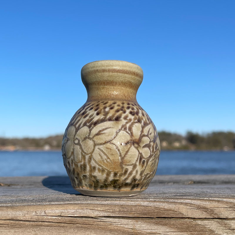 Tan Carved Tiny Vase by Westport Island Pottery