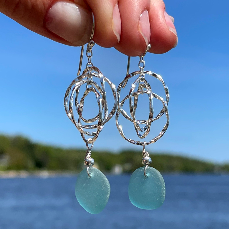 Teal Interlocking Circles Sea Glass Earrings