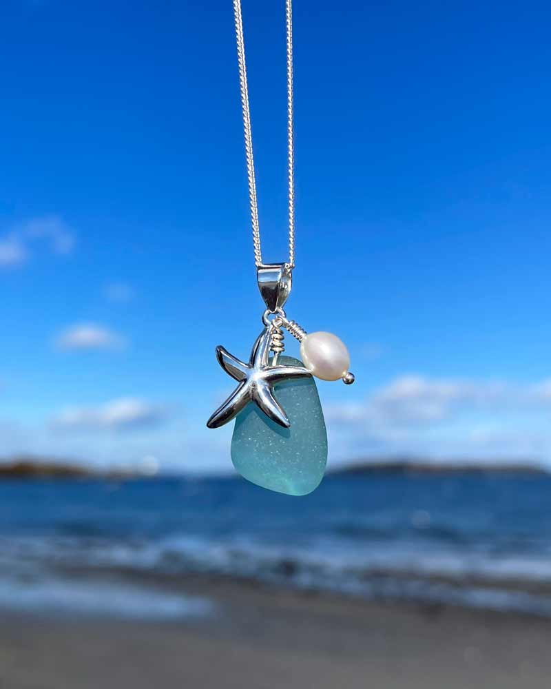 Teal Sea Glass Necklace with Starfish & Pearl